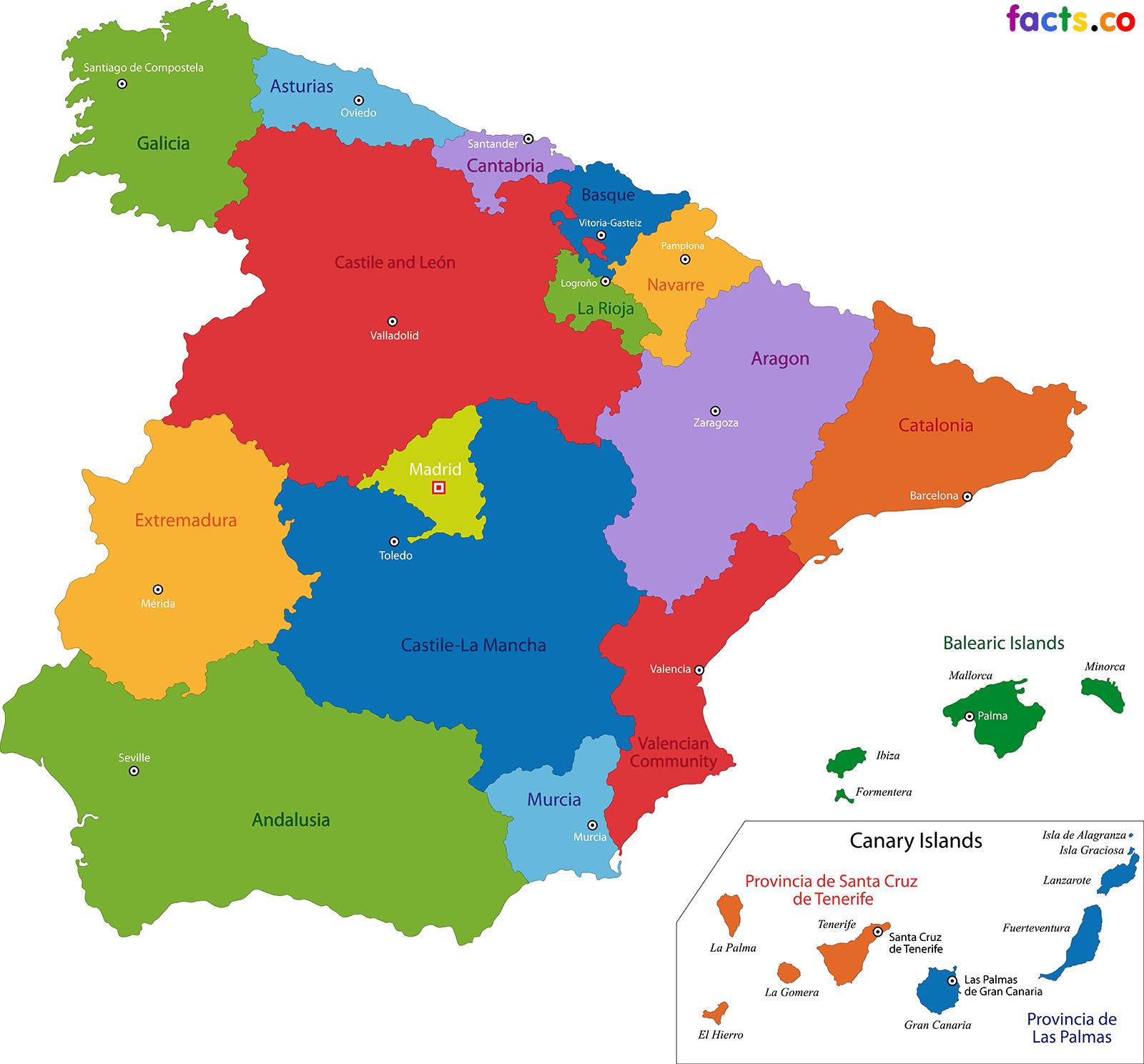O mapa detalhado da espanha com capitais de regiões ou estados e